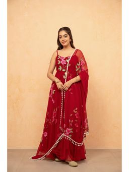 DEASHA INDIA - Navika Red Hand painted Anarkali Kurta with Pant and Dupatta