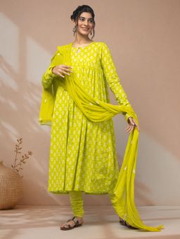 LABEL MAE - Vibrant Lime Yellow Printed Kurta with Churidar and Dupatta
