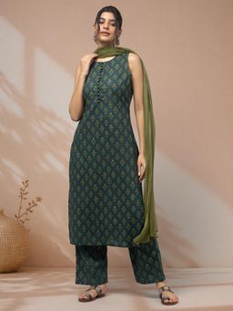 LABEL MAE - Elegant Teal Green Printed Straight Kurta with Pant and Dupatta