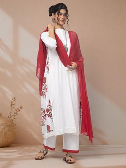 LABEL MAE - White Floral Printed Straight Kurta with Pant and Dupatta