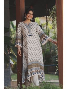 Mahee Jaipur - Cream Block Print With Tassels Muslin C Cut Kurta with Pant