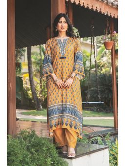 Mahee Jaipur - Mustard Block Print With Tassels Muslin C Cut Kurta with Pant