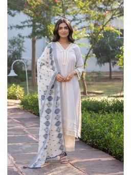 Mahee Jaipur - Dobby Cotton with Lace and Red Block Printed Kurta with Pant and Dupatta