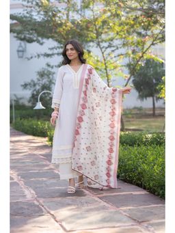 Mahee Jaipur - Dobby Cotton with Lace and Blue Block Printed Kurta with Pant and Dupatta