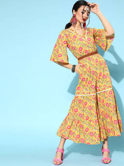 Yufta - Women Stylish Mustard Printed Elevated Jumpsuit