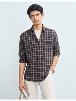 Flying Machine - Brown Grid Tattersall Checked Slim Fit Shirt