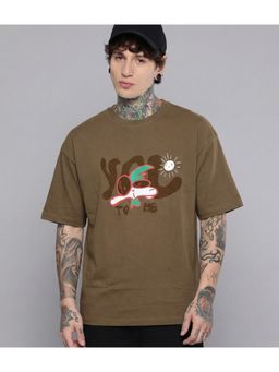 SANDPIPER - Khaki Graphic Printed Relaxed Fit Round Neck T-Shirt