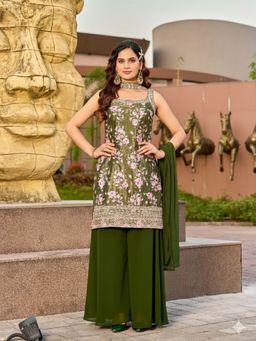 BC Balaji Creation - Green Printed Square Neck Kurti Palazzo With Dupatta