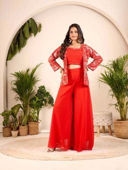 BC Balaji Creation - Red Embroidered Square Neck Crop Top And Palazzo With Jacket