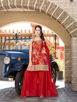BC Balaji Creation - Red Printed Square Neck Kurti Palazzo With Dupatta