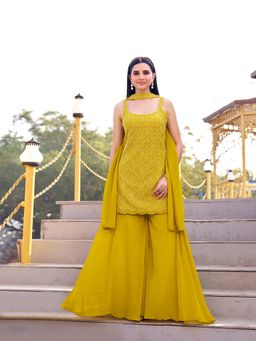 BC Balaji Creation - Yellow Embroidered Round Neck Kurti Palazzo With Dupatta