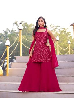 BC Balaji Creation - Pink Embroidered Round Neck Kurti Palazzo With Dupatta