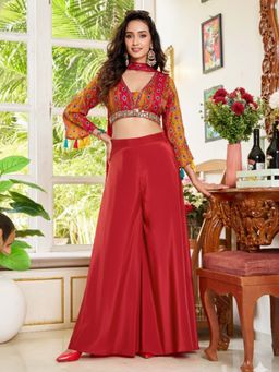 BC Balaji Creation - Red Embroidered V-Neck Crop Top And Palazzo With Dupatta