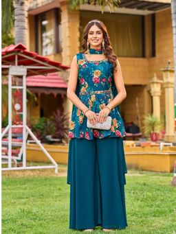BC Balaji Creation - Blue Floral Square Neck Kurti Palazzo With Dupatta
