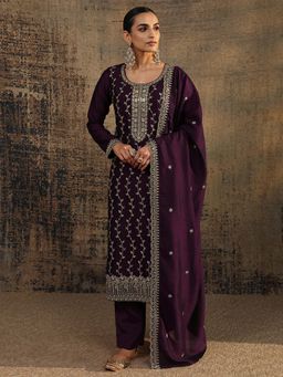 Libas - Burgundy Embroidered Round Neck Kurta Pant With Dupatta