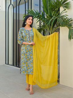 Divena - Blue Embroidered Round Neck Kurta Pant with Dupatta