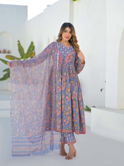 Divena - Blue Floral V-Neck Kurta Pant with Dupatta