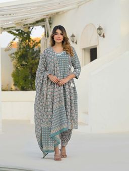 Divena - Multi-Color Printed V-Neck Kurta Salwar with Dupatta