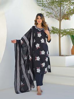 Divena - Black Embroidered Round Neck Kurta Pant with Dupatta