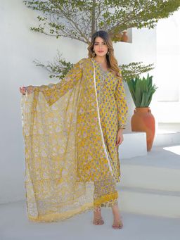 Divena - Mustard Floral Round Neck Kurta Salwar with Dupatta