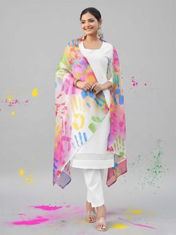 Varanga - White Embroidered Round Neck Kurta Pant with Dupatta