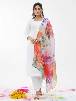Varanga - White Embroidered Round Neck Kurta Pant with Dupatta