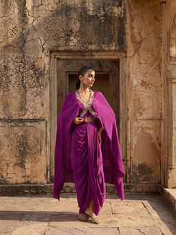 ISHIN - Purple Embroidered V-Neck Kaftan Dhoti