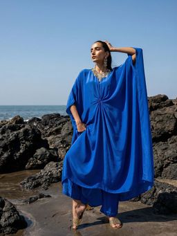 ISHIN - Blue Embroidered Round Neck Kaftan with Palazzo