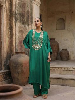 ISHIN - Green Embroidered Round Neck Kaftan with Palazzo