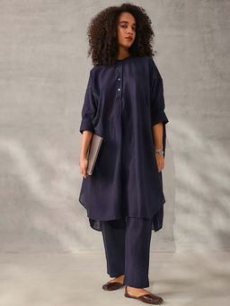 ISHIN - Navy Blue Solid/Plain Mandarin Neck Kurta with Pant