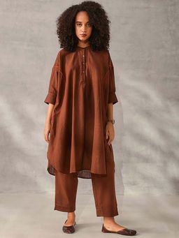 ISHIN - Brown Solid/Plain Mandarin Neck Kurta with Pant