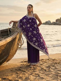 ISHIN - Purple Embroidered Asymmetrical Kurta with Palazzo