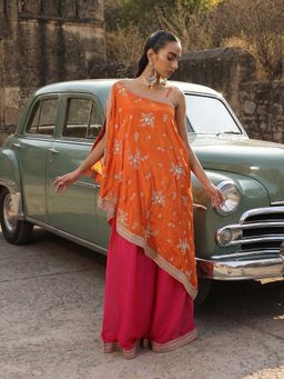 ISHIN - Orange Embroidered Asymmetrical Kurta with Palazzo