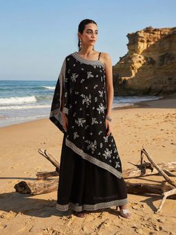 ISHIN - Black Embroidered Asymmetrical Kurta with Palazzo