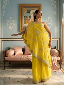ISHIN - Yellow Embroidered Asymmetrical Kurta with Palazzo