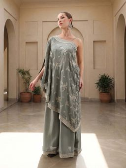 ISHIN - Green Embroidered Asymmetrical Kurta with Palazzo