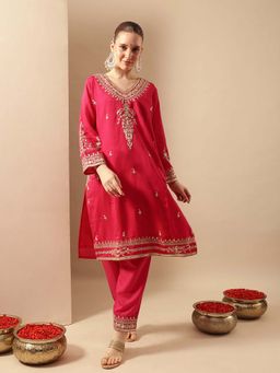 ISHIN - Pink Embroidered V-Neck Kurta with Pant