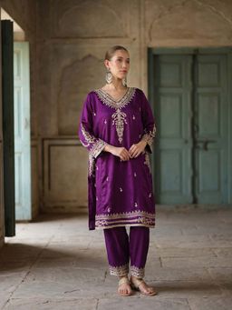 ISHIN - Purple Embroidered V-Neck Kaftan Pant