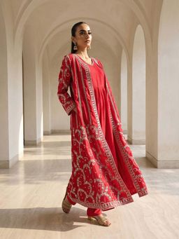 ISHIN - Pink Embroidered V-Neck Kurta and Jacket with Pant