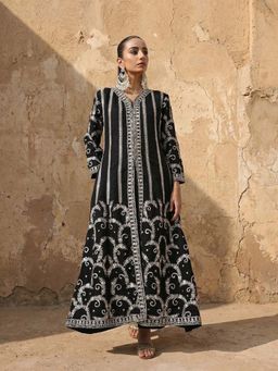 ISHIN - Black Embroidered V-Neck Kurta and Jacket with Pant