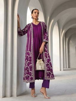 ISHIN - Purple Embroidered V-Neck Kurta and Jacket with Pant