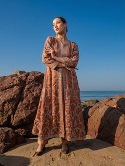 ISHIN - Brown Embroidered V-Neck Kurta and Jacket with Pant