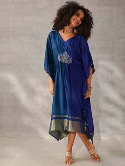ISHIN - Navy Blue Embroidered V-Neck Kaftan