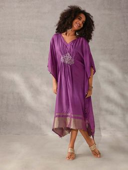 ISHIN - Purple Embroidered V-Neck Kaftan