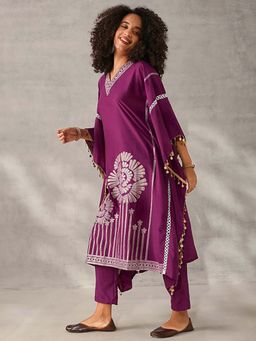 ISHIN - Purple Embroidered V-Neck Kurta with Pant