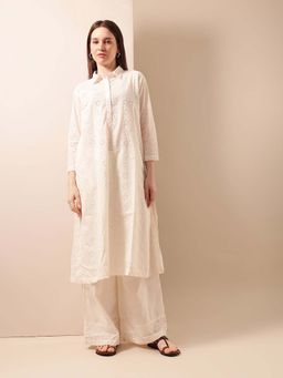 ISHIN - Off White Embroidered Collar Neck Kurta with Palazzo
