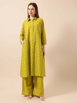 ISHIN - Green Embroidered Collar Neck Kurta with Palazzo