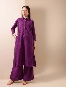 ISHIN - Purple Embroidered Collar Neck Kurta with Palazzo