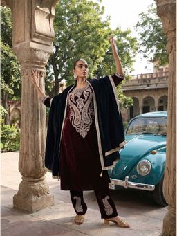 ISHIN - Brown Embroidered Round Neck Kurta Pant with Dupatta
