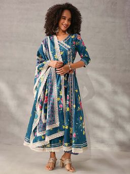 ISHIN - Teal Printed V-Neck Kurta Pant with Dupatta